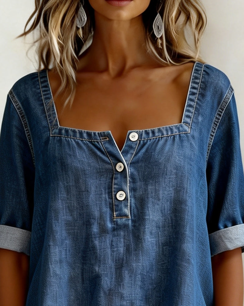 Skjorta Fyrkantig Hals Denim Halv Ärm
