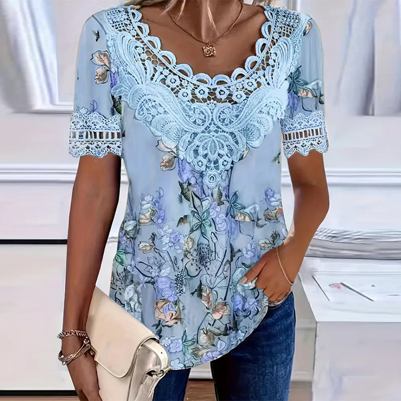 T-Shirt Blommigt Tryck Mode Kort Ärm