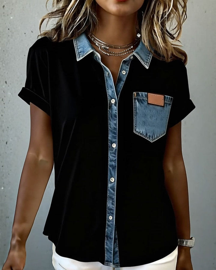 T-Shirt Denim Patchwork Nedfällbar Krage