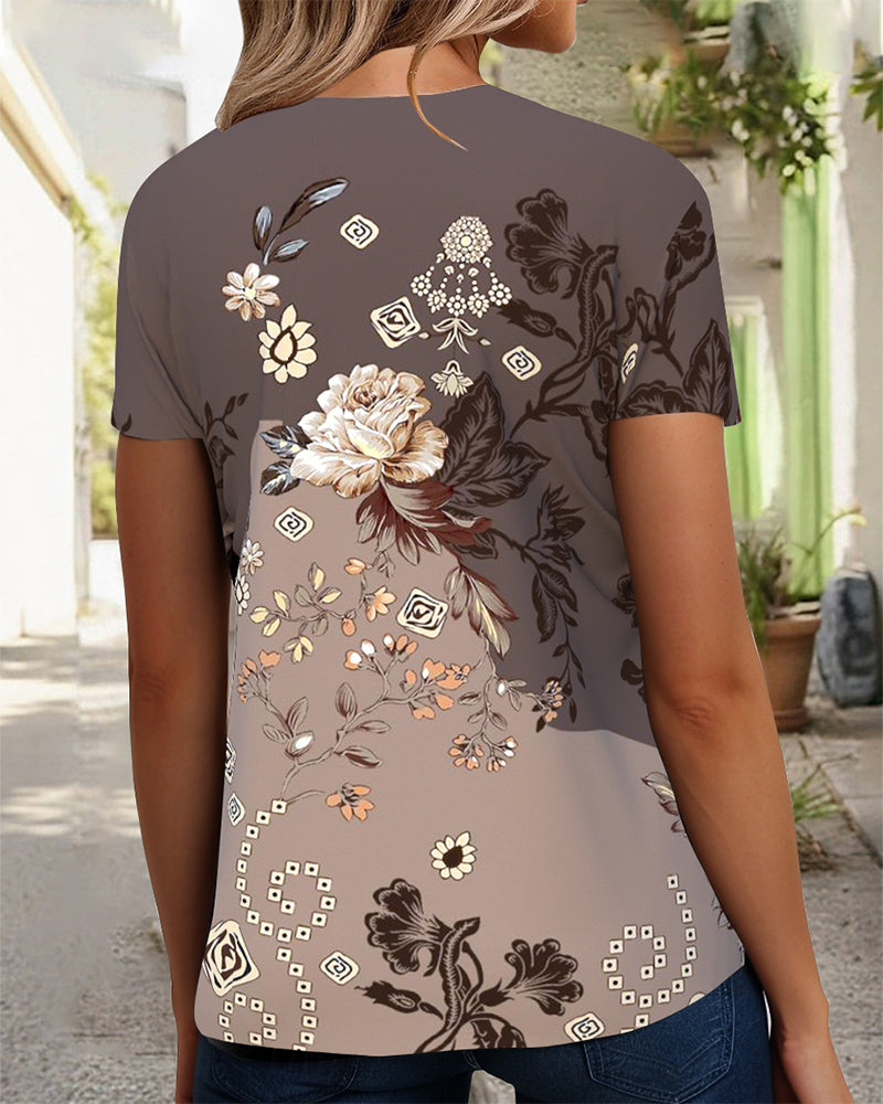 T-Shirt Blommigt Tryck V-Ringad Kortärmad