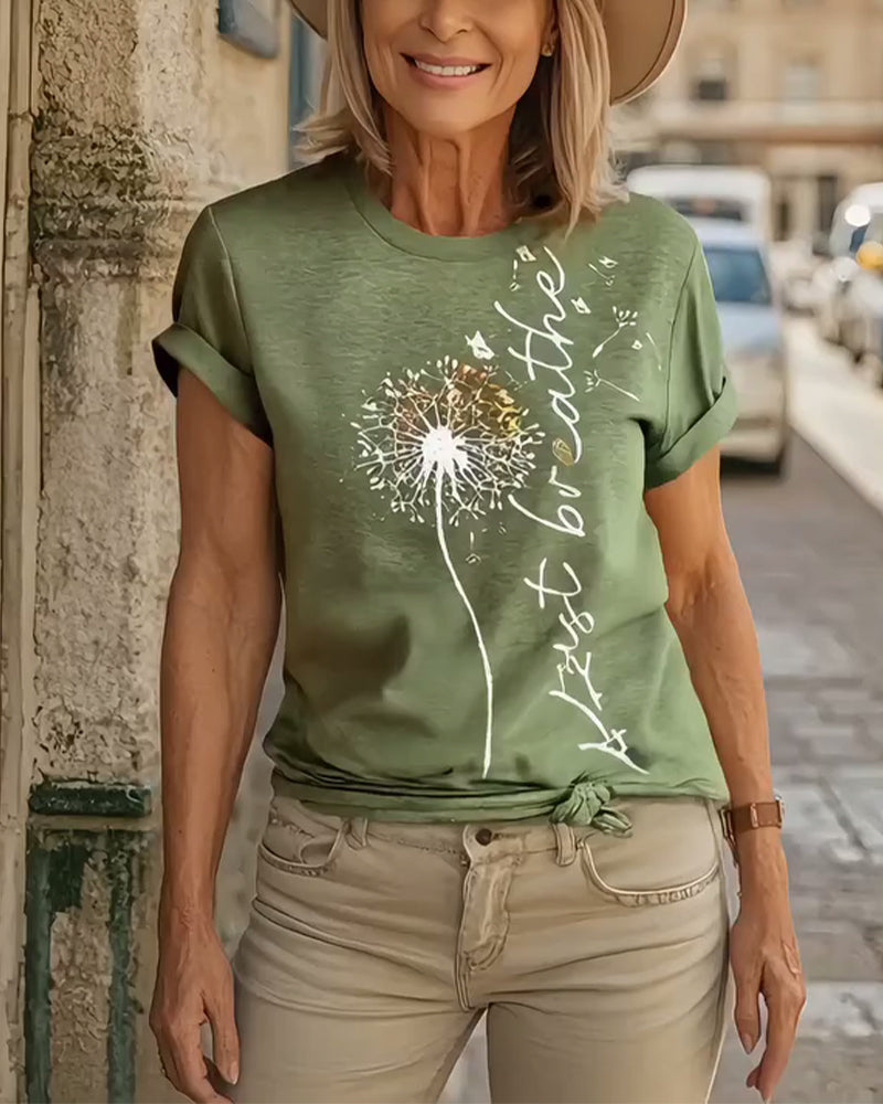 T - Shirt Med Dandelion Print Kort Ärmlösa