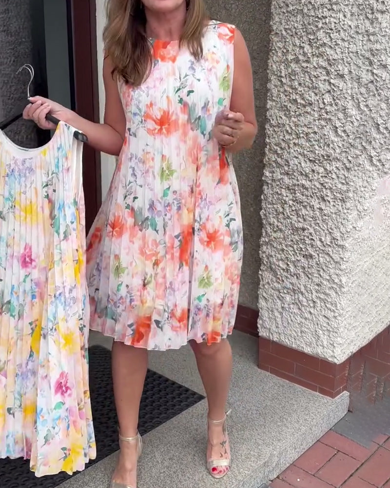Klänning Ärmlös Plisserad Blommig