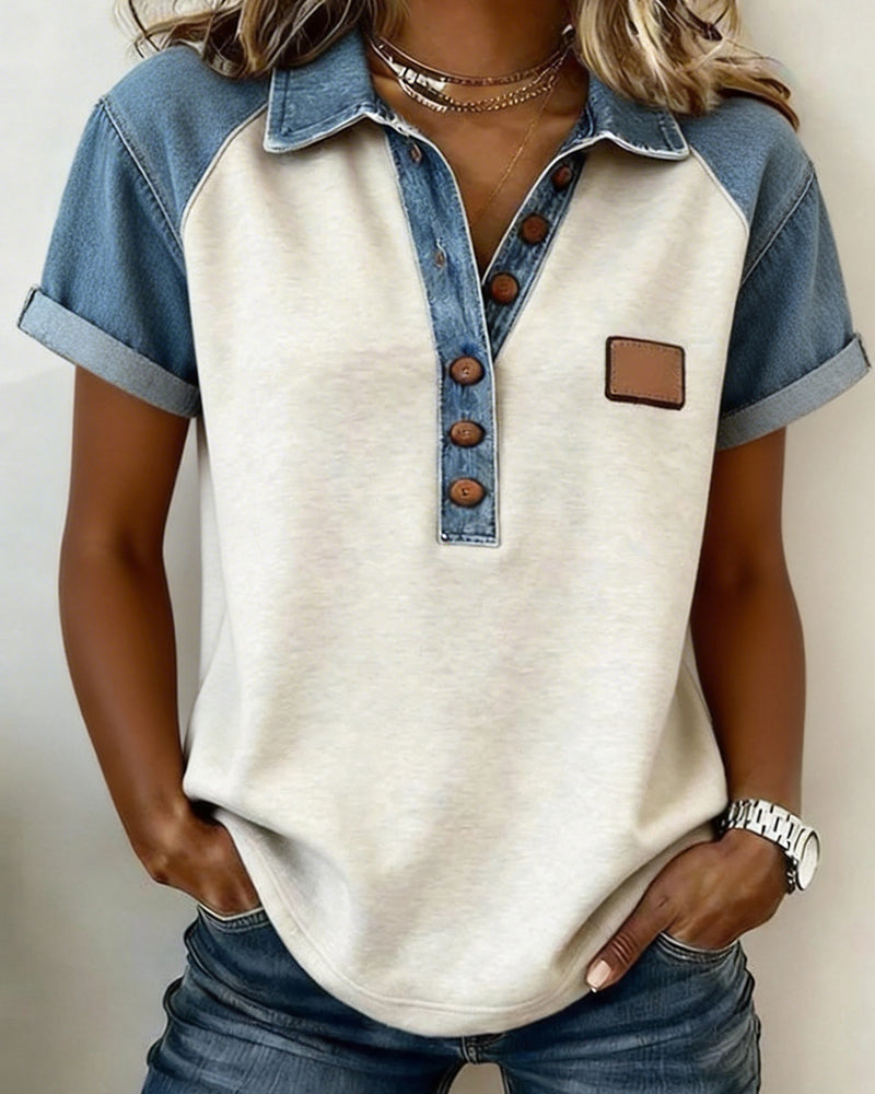 T-Shirt Denim Färg Block Kort Ärm