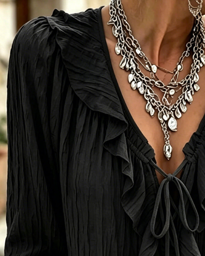 Blus Ruffle Trim Snörning Lång Ärm