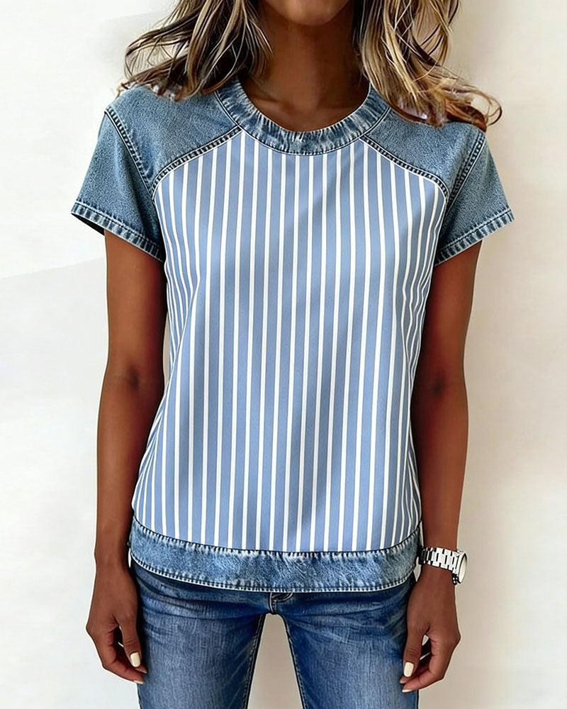 T-Shirt Denim Lapptäcke Randig Kort Ärm