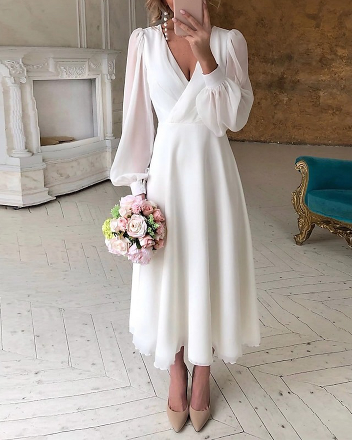 Klänning Elegant Puffärmad V-Ringning