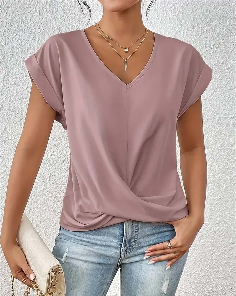T-shirt V-ringad Enkel Färg Elegant Kortärmad