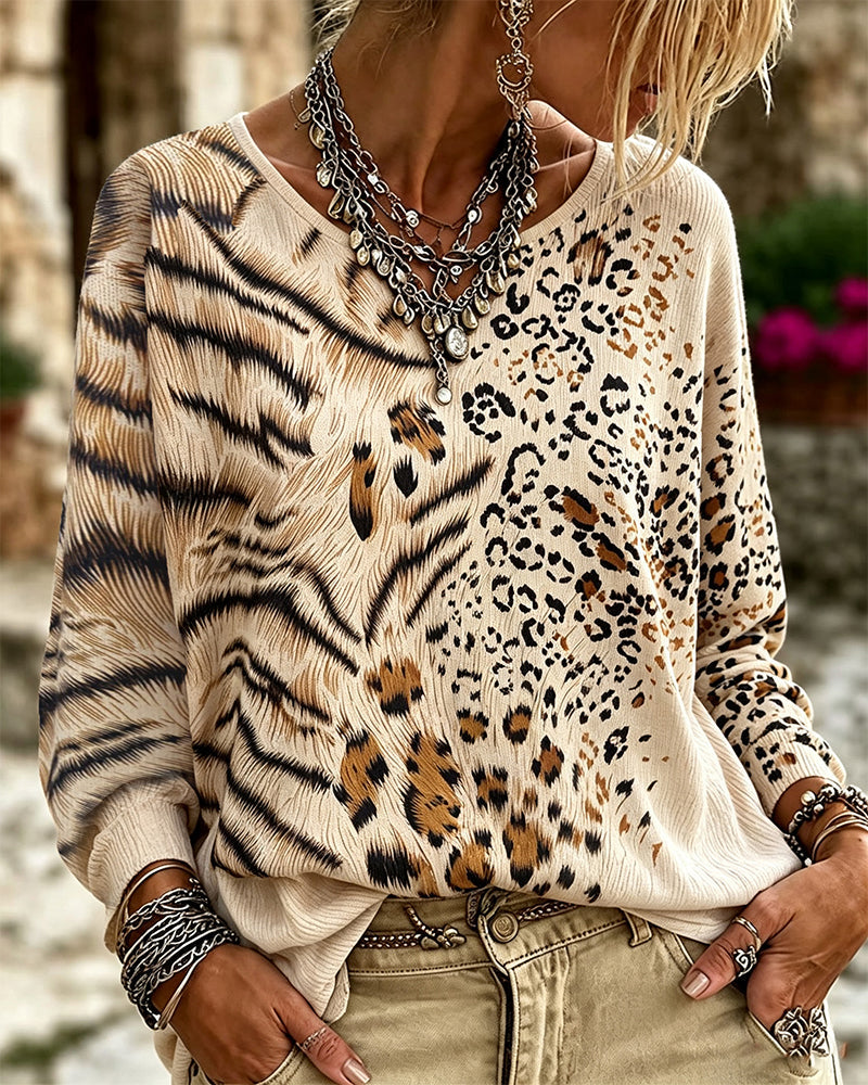Blus Rundhalsad Leopard Lång Ärm