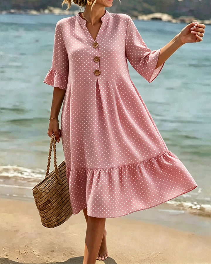 Klänning Polka Dot V-Hals Rynkad Ärm