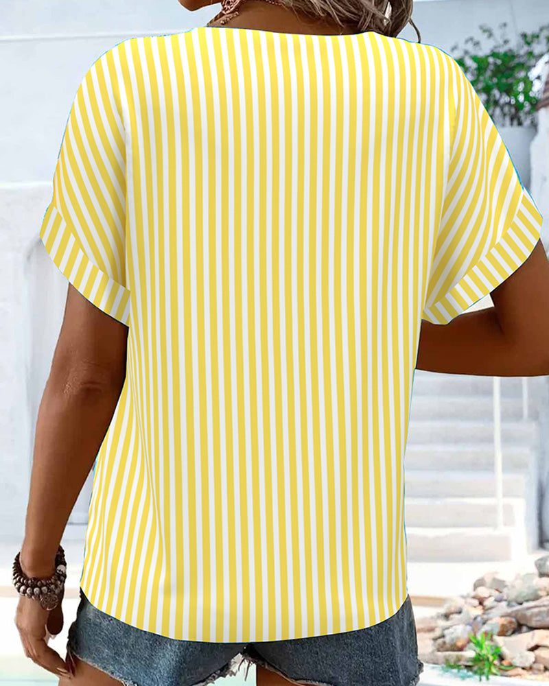 T-shirt V-hals Randig Färgblock