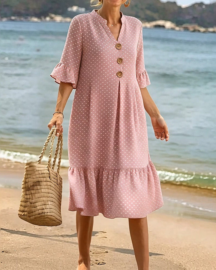Klänning Polka Dot V-Hals Rynkad Ärm