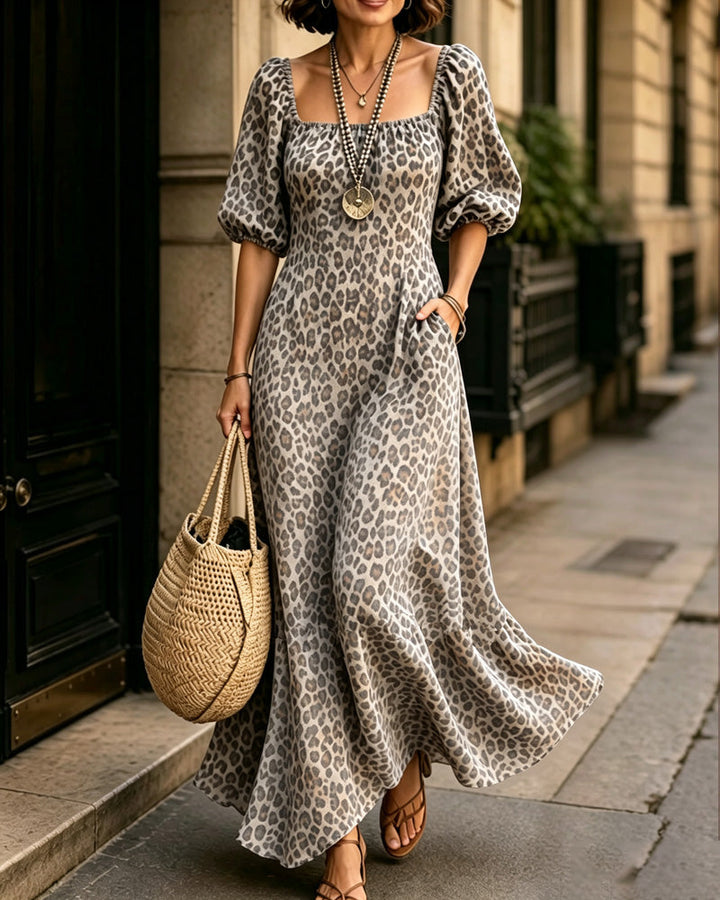 Klädning Fyrkantig Hals Leopard Mode
