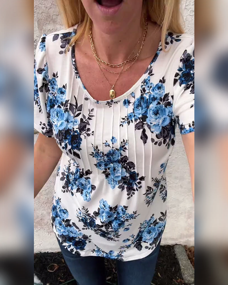 T-Shirt Med Rund Hals Blommönster Plisserad