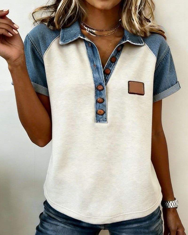 T-Shirt Denim Färg Block Kort Ärm