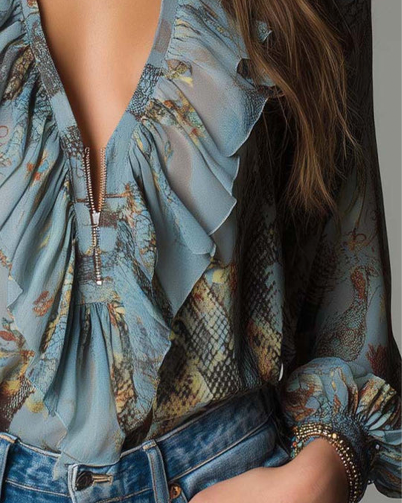 Blus Djup V Rynktryck Elegant