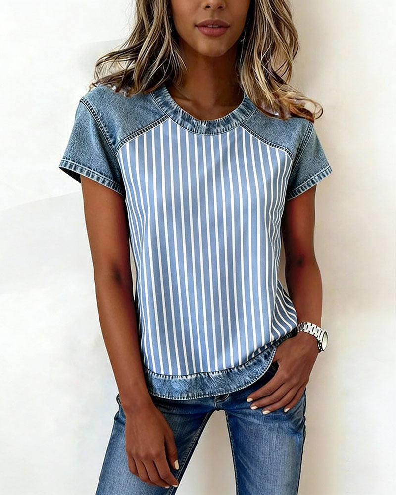 T-Shirt Denim Lapptäcke Randig Kort Ärm