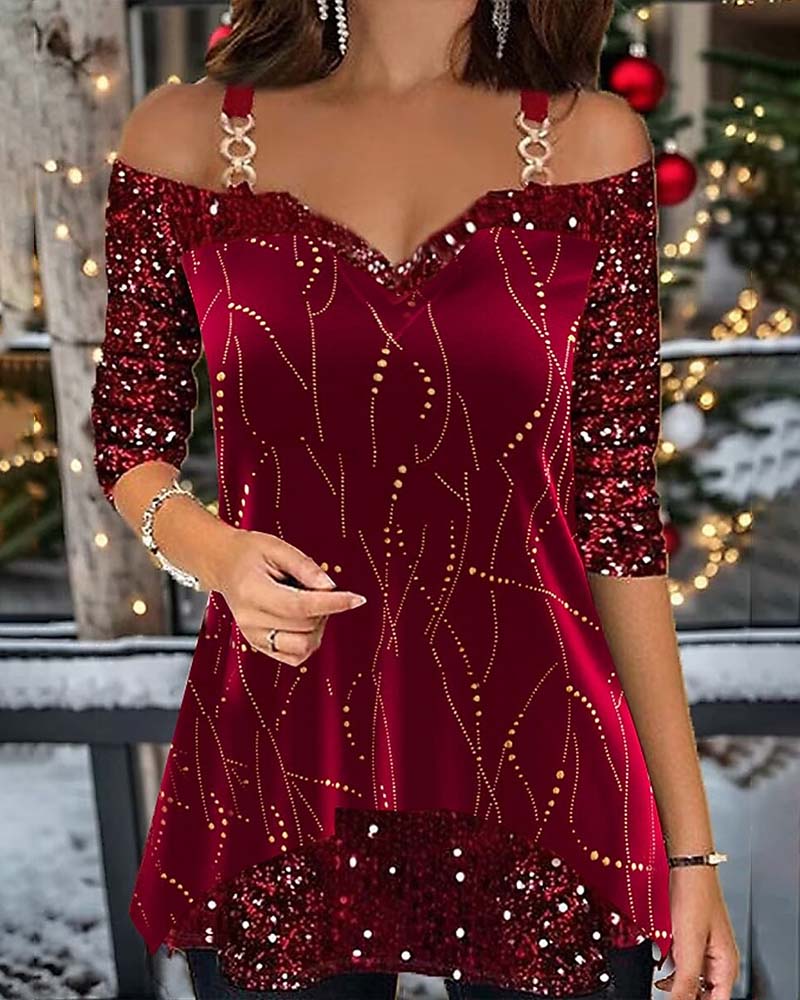 Topp Sequin Barderad Lång Ärm