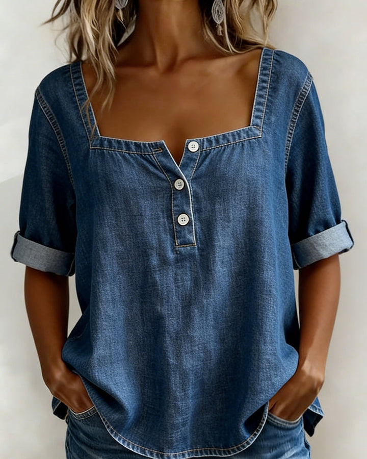 Skjorta Fyrkantig Hals Denim Halv Ärm