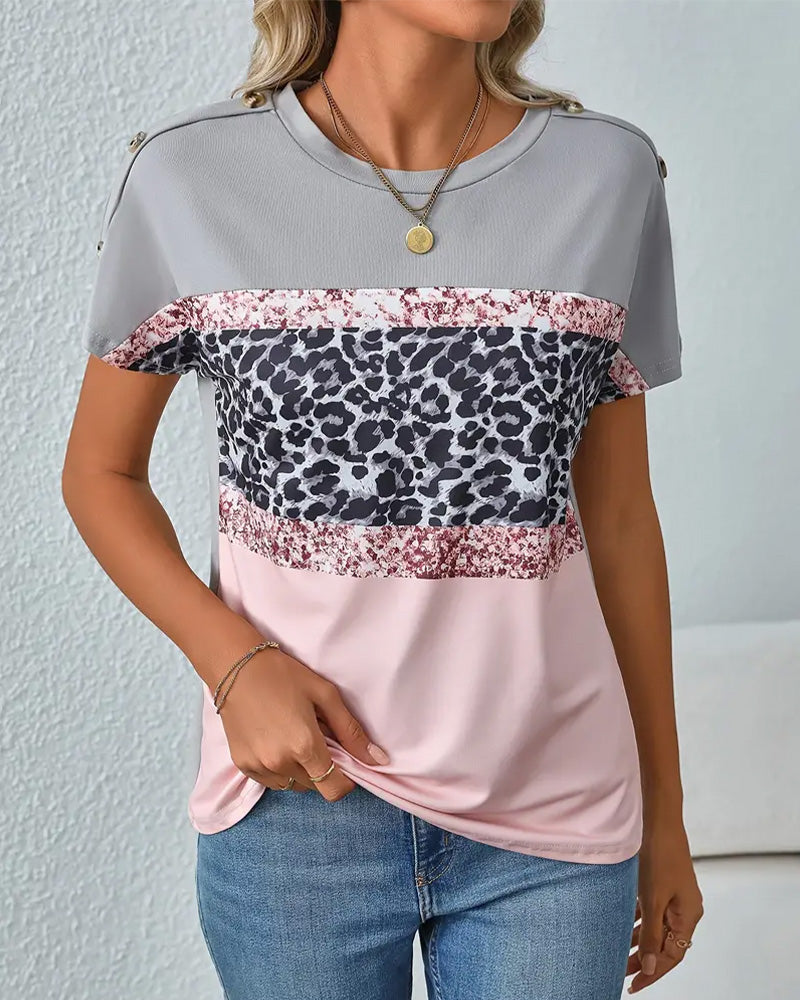 T-Shirt Rund Hals Leopardmönster Färgblock